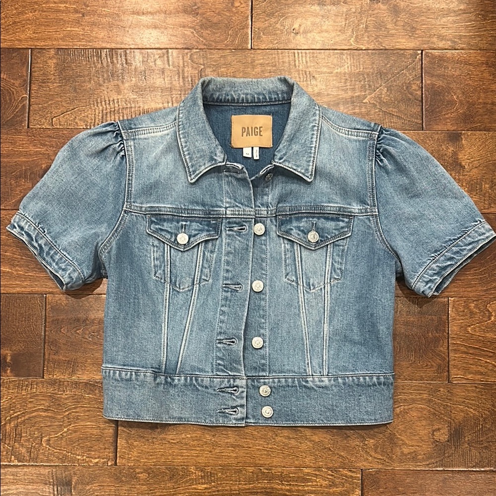 PAIGE Kendra denim jeans short puff sleeve jacket Lowen sz M